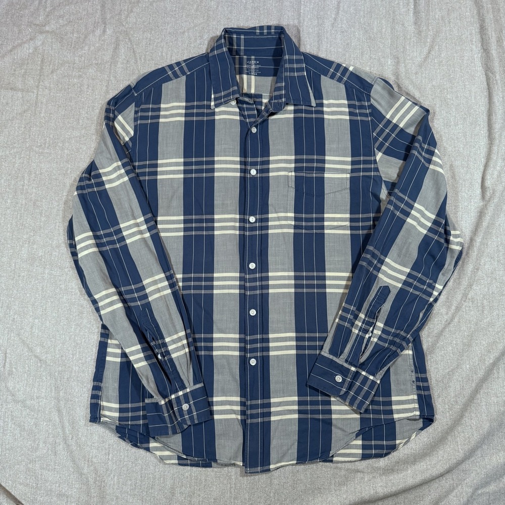 J Crew Shirt Mens Large Blue Gray Plaid Lightweight Chambray‎ Button Up Casual